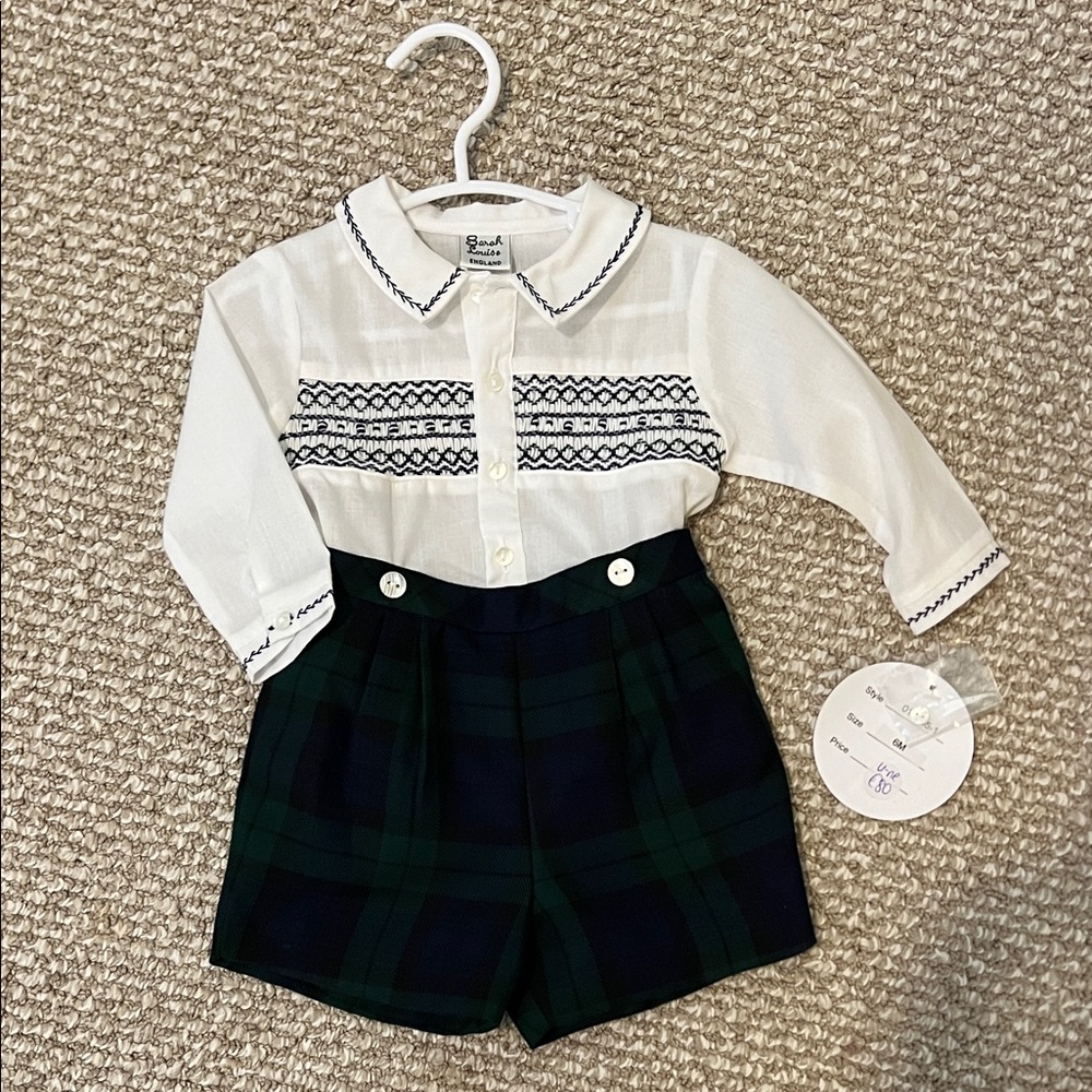 Sarah Louise Christmas White and Green Plaid Baby set 6M NWT